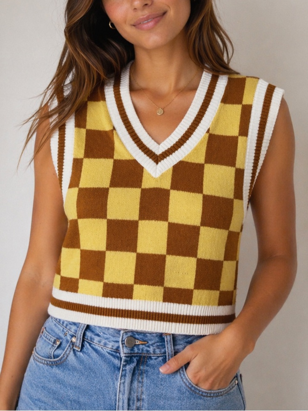 🖤Urban Outfitters Yellow and Orange Checkered Knit Crop Top